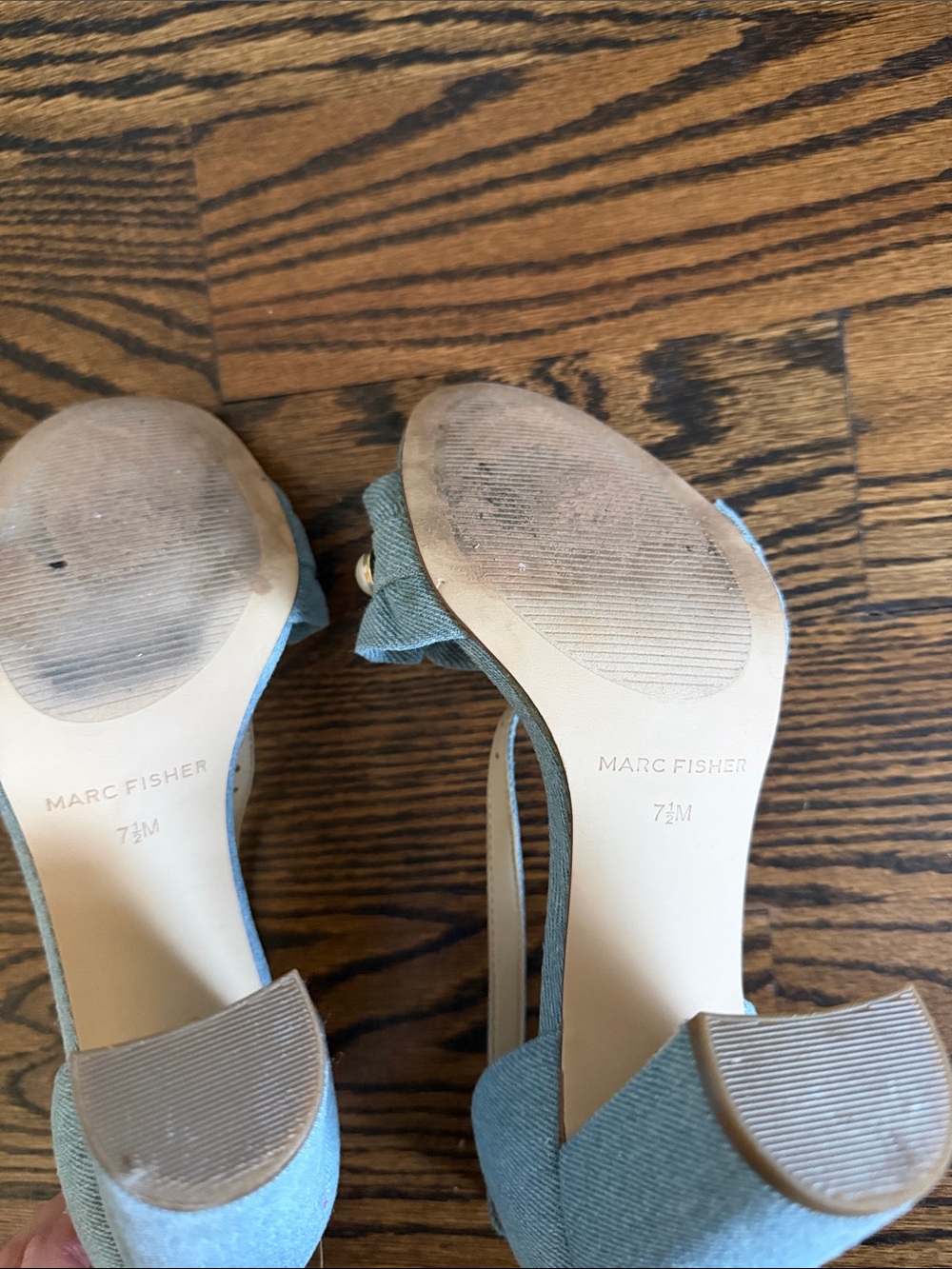 Marc Fisher Light Denim Ruffle Pearl Ankle-Strap Block Heels - Picture 5 of 6